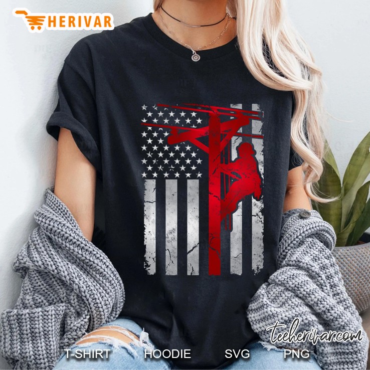 Distressed Usa Patriotic Thin Red Line Lineman American Flag Pullover Ladies Tee