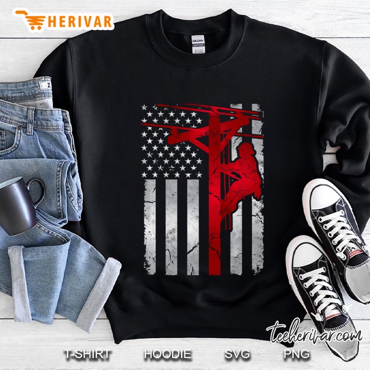 Distressed Usa Patriotic Thin Red Line Lineman American Flag Pullover Sweatshirt