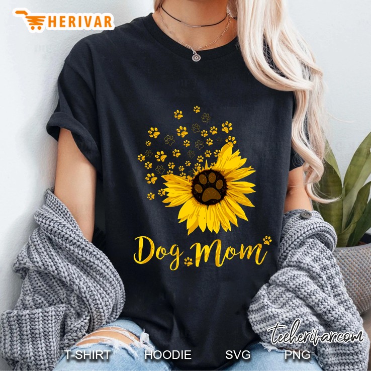 Dog Mom Dog Paw Print Sunflower Version Ladies Tee