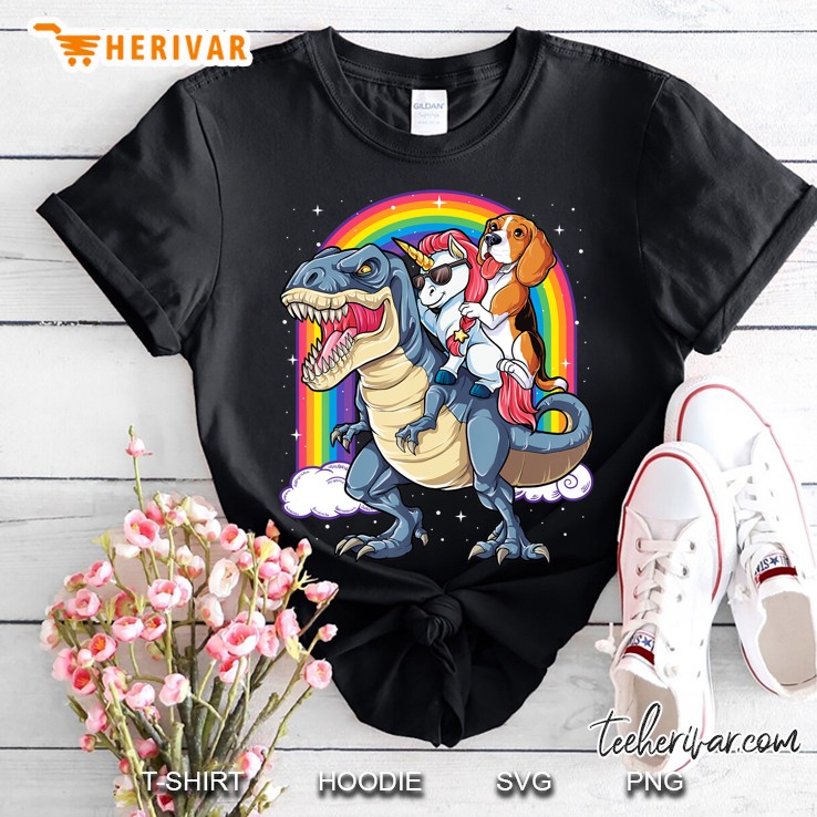 Beagle Unicorn Riding Dinosaur T Rex Girls Kids Boys Rainbow Shirt