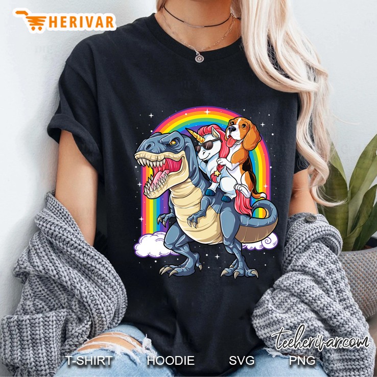 Beagle Unicorn Riding Dinosaur T Rex Girls Kids Boys Rainbow Hoodie