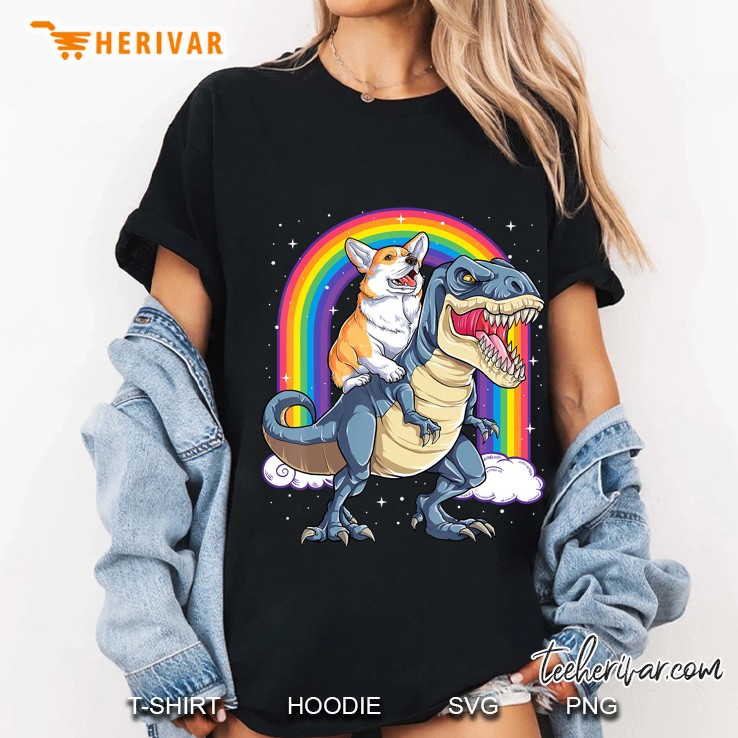 Corgi Riding Dinosaur T Rex Funny Space Galaxy Rainbow Gifts Ladies Tee