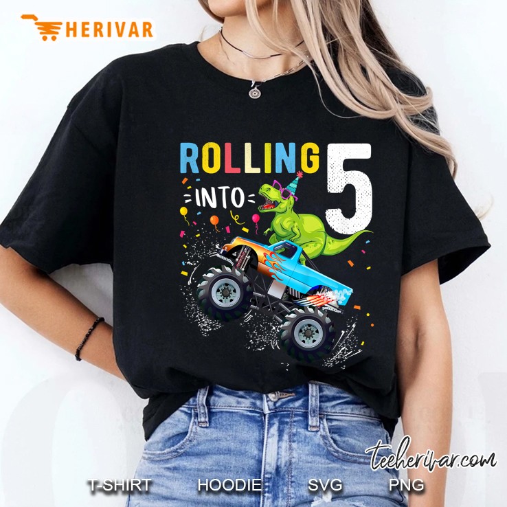 Kids T Rex Dinosaur Monster Truck 5Th Birthday Boys And Girls Ladies Tee