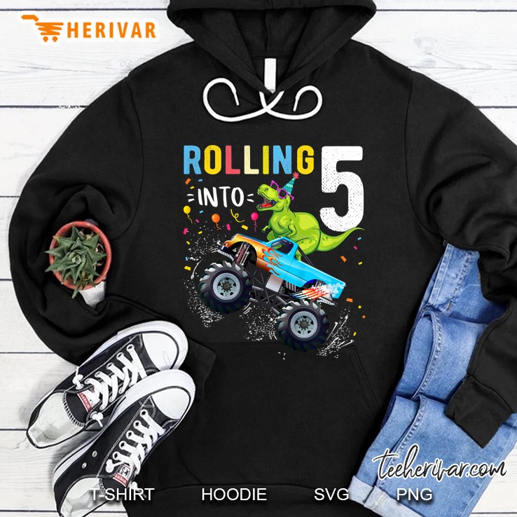 Kids T Rex Dinosaur Monster Truck 5Th Birthday Boys And Girls Hoodie