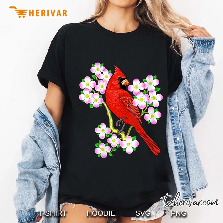 Womens Red Cardinal Bird Dogwood Flower North Carolina Virginia V-Neck Ladies Tee