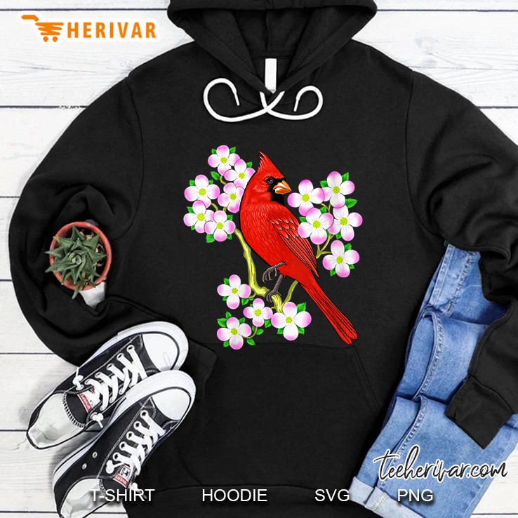 Womens Red Cardinal Bird Dogwood Flower North Carolina Virginia V-Neck Hoodie