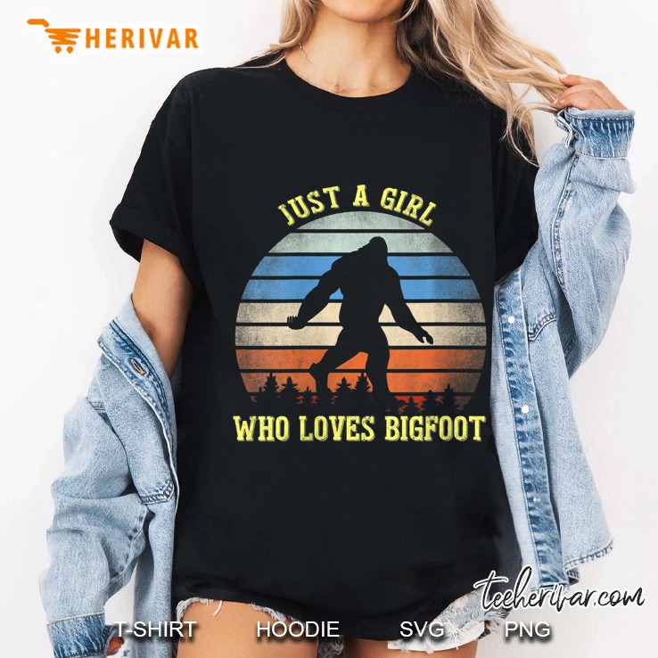 Womens Just A Girl Who Loves Bigfoot Gifts Retro Sasquatch Yeti V-Neck Ladies Tee