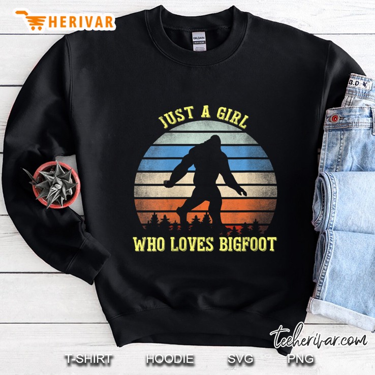 Womens Just A Girl Who Loves Bigfoot Gifts Retro Sasquatch Yeti V-Neck Sweatshirt