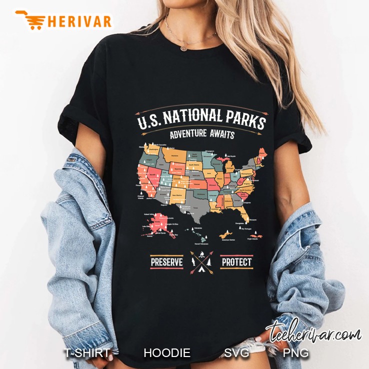 Us National Parks Map Preserve Protect Hiking Camping Gift Hoodie