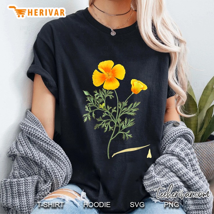 Womens Californian Poppy Botanical Illustration Flower California V-Neck Ladies Tee