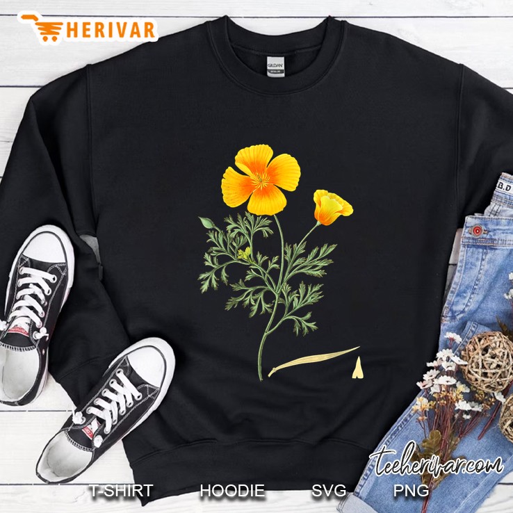 Womens Californian Poppy Botanical Illustration Flower California V-Neck Sweatshirt