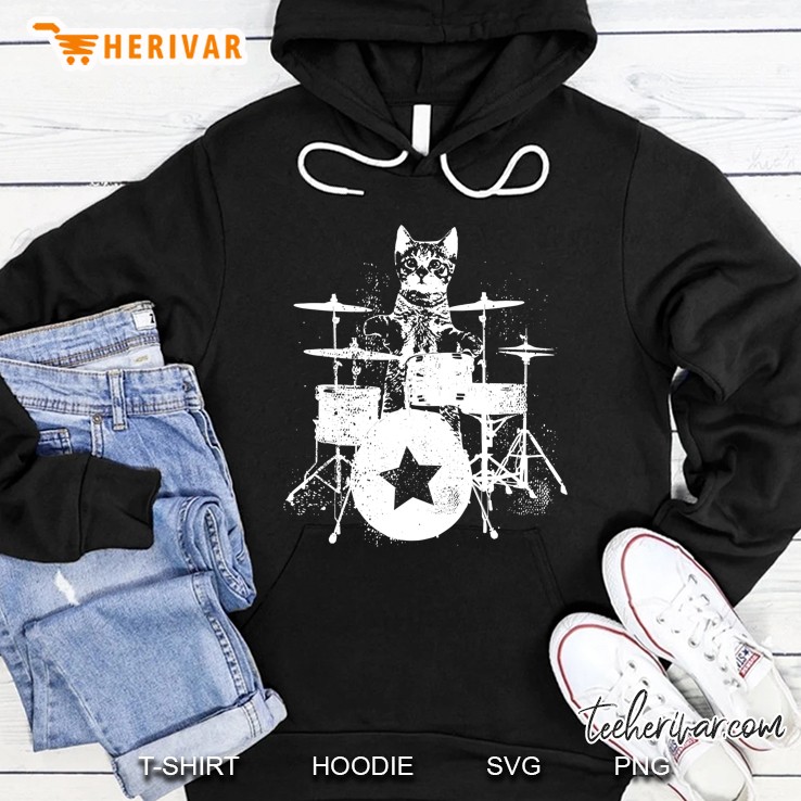 Punk Rockstar Kitten Kitty Cat Drummer Playing Drums Hoodie