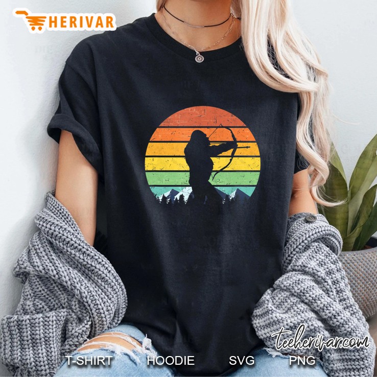 Mens Bigfoot Bow Hunting Archery Vintage Sunset Sasquatch Hunter Ladies Tee