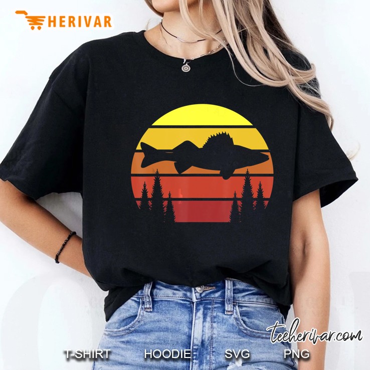 Walleye Fishing Retro Walleye Fisherman Forest Treeline Ladies Tee