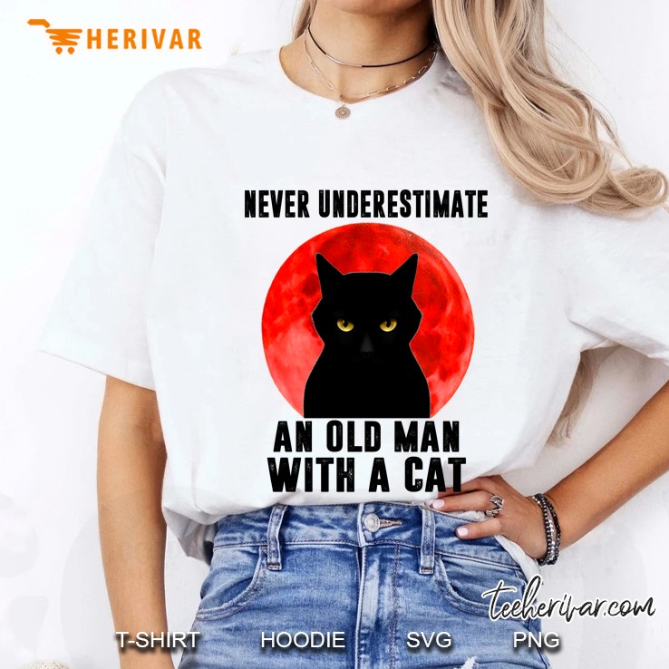 Never Underestimate An Old Man With A Cat Black Cat Red Moon Version Ladies Tee