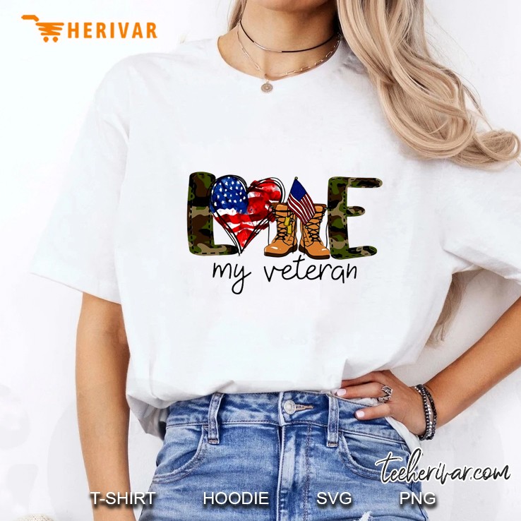 Love My Veteran American Flag Heart And Combat Boots Version Hoodie