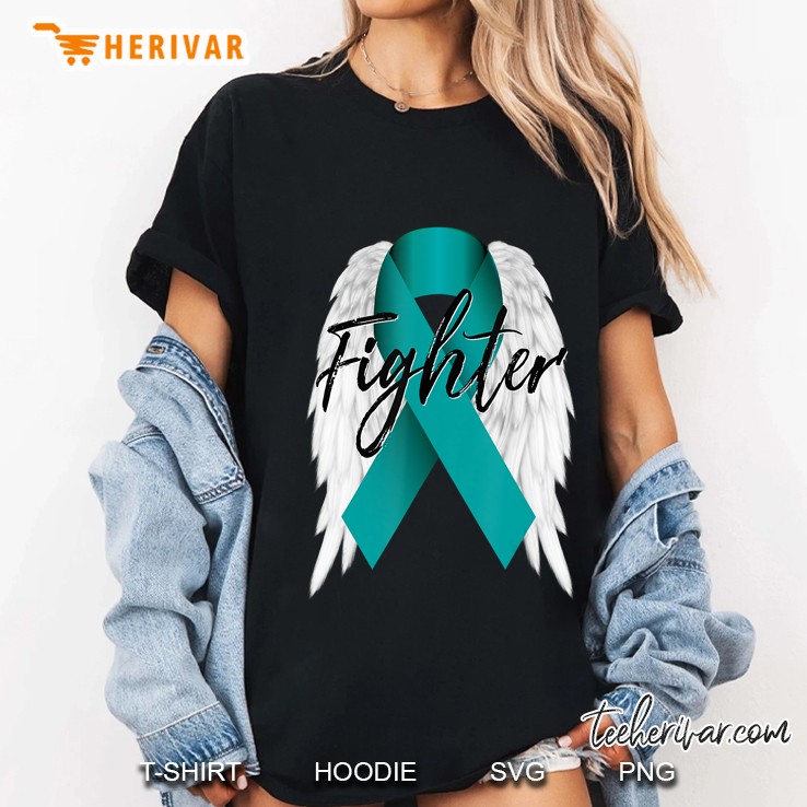 Ovarian Cancer Fighter Teal Ribbon Angel Wings Survivor Ladies Tee