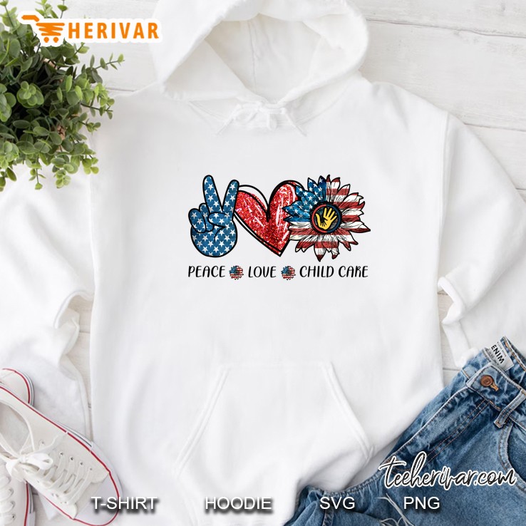 Peace Love Child Care American Flag Peace Sign Hand Heart And Sunflower Version Mugs