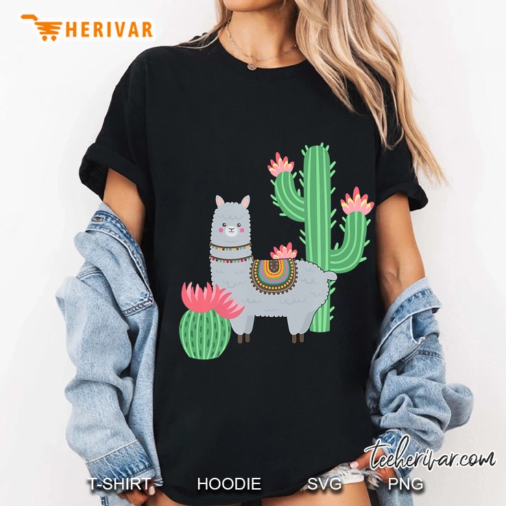 Cute Llama With Flowering Cactus Alpaca And Llama Lovers Ladies Tee