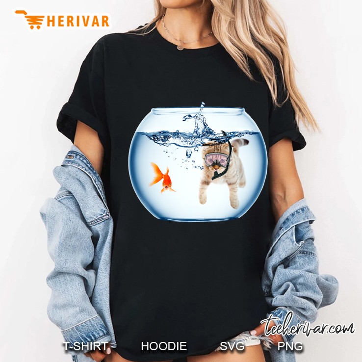 Scuba Kitty Snorkling In Gold Fish Bowl Graphic Ladies Tee