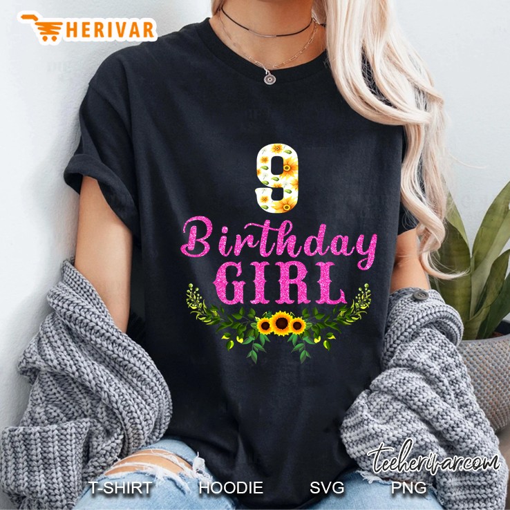 9Th Birthday Gift Floral Sunflower 9 Years Old For Girl Kids Hoodie