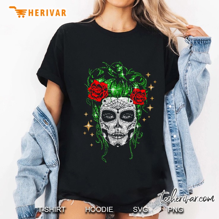 Sugar Skull Face Floral Day Of The Dead Ladies Tee