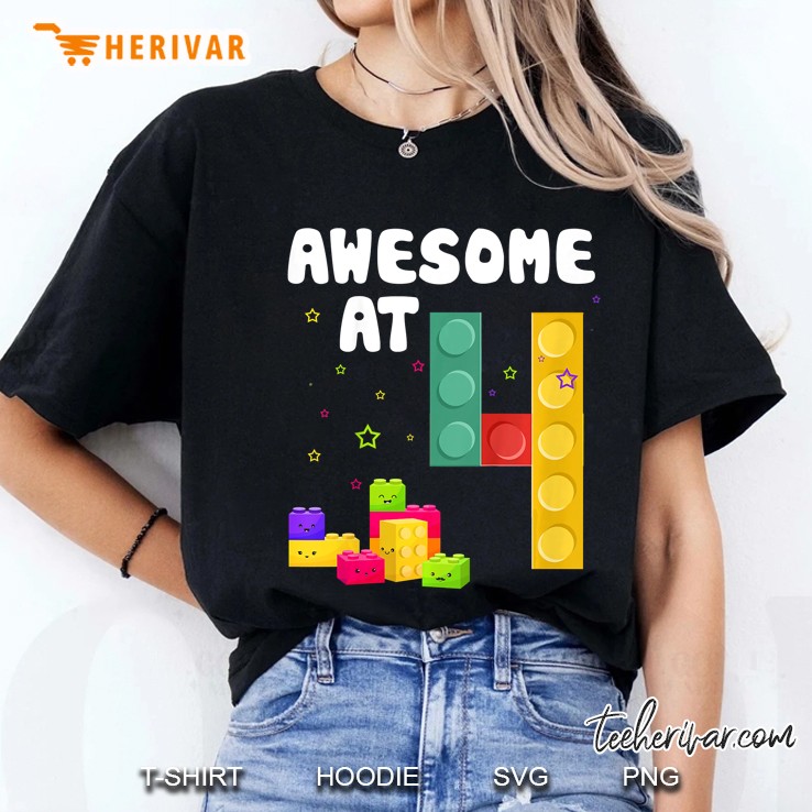 Kids 4Th Birthday Building Blocks Bricks Theme Party Awesome At 4 Ver2 Ladies Tee