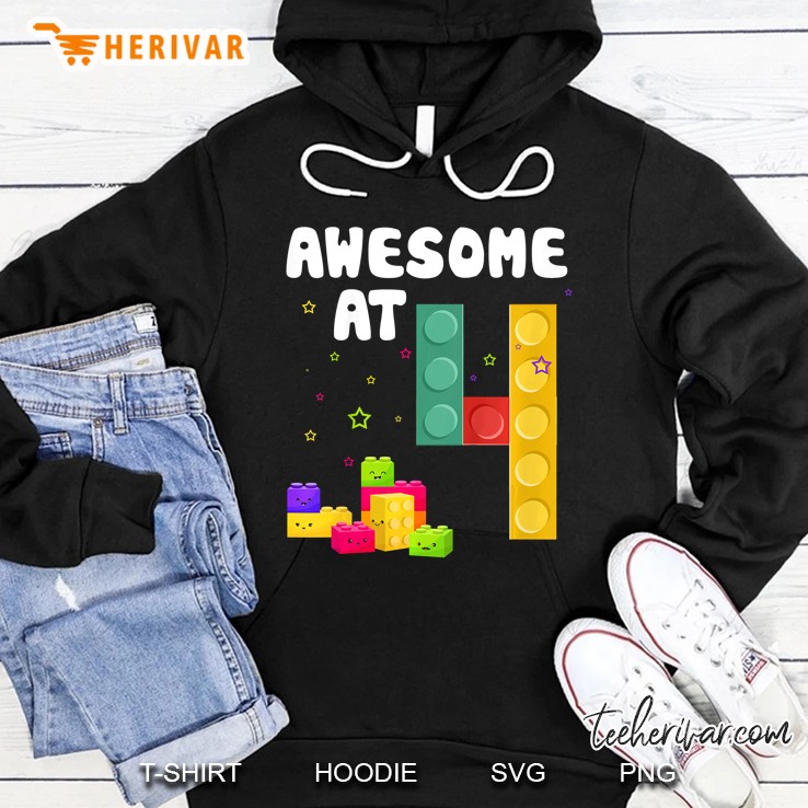 Kids 4Th Birthday Building Blocks Bricks Theme Party Awesome At 4 Ver2 Hoodie