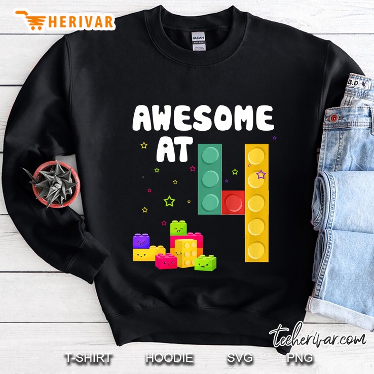 Kids 4Th Birthday Building Blocks Bricks Theme Party Awesome At 4 Ver2 Sweatshirt