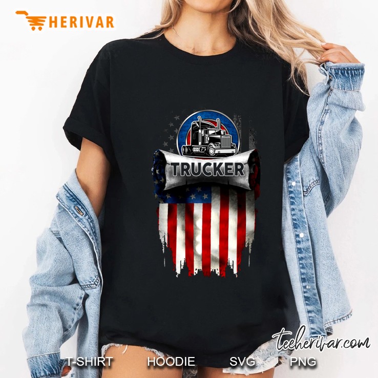 Trucker Truck And American Flag Version Ladies Tee