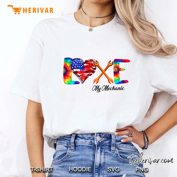 Love My Mechanic Watercolor American Flag Heart Version Ladies Tee