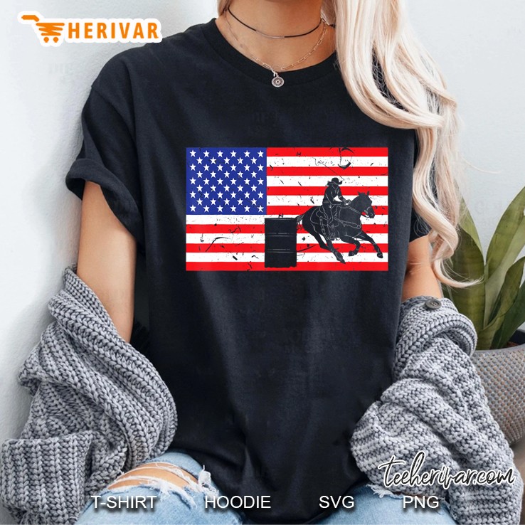 Distressed Barrel Racing Usa American Flag Vintage Rodeo Ladies Tee