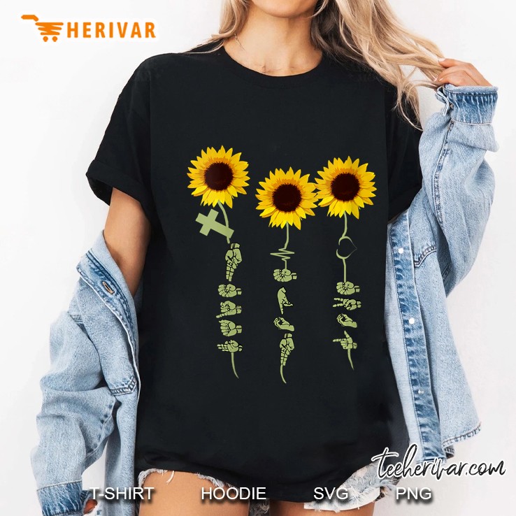Womens Faith Hope Love Sunflower Shirt Gift For Hand Sign Language V-Neck Ladies Tee