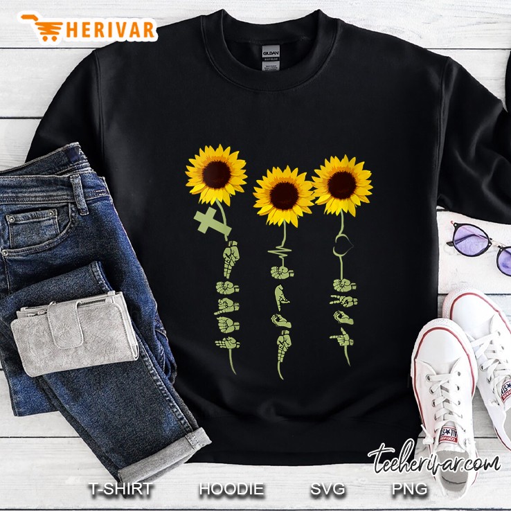 Womens Faith Hope Love Sunflower Shirt Gift For Hand Sign Language V-Neck Sweatshirt