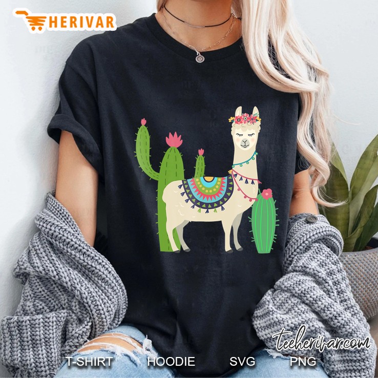 Cute Llama With Flower & Cactus Llama Lover Gift & Ladies Tee