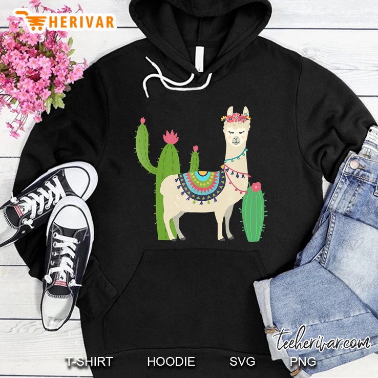 Cute Llama With Flower & Cactus Llama Lover Gift & Hoodie