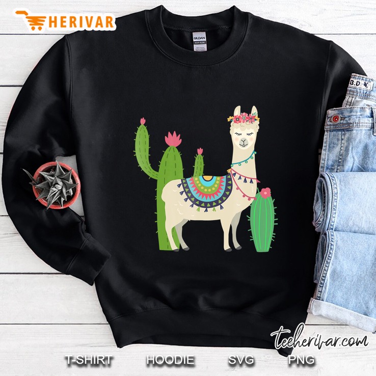 Cute Llama With Flower & Cactus Llama Lover Gift & Sweatshirt