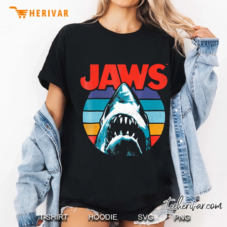 Jaws Retro Colors Shark Rainbow Logo Graphic Ladies Tee