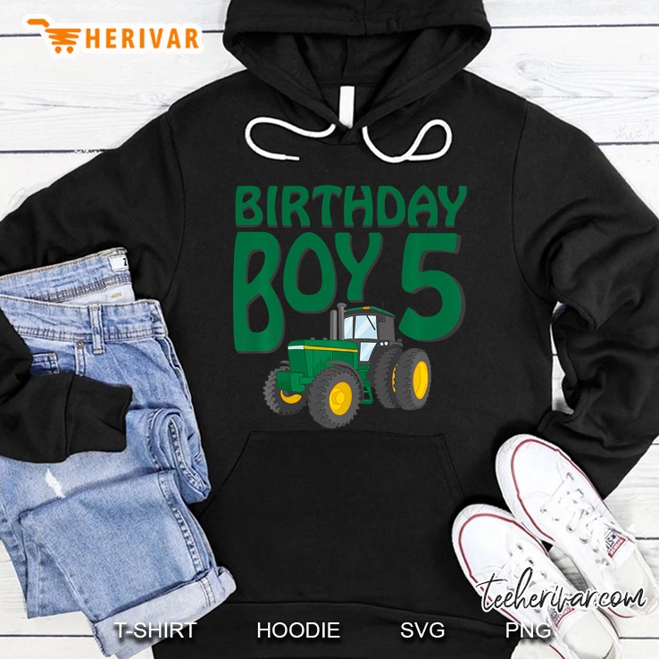 Kids 5Th Birthday Green Farm Tractor Shirt Five 5 Year Old Hoodie