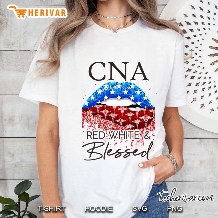 CNA Red White & Blessed American Flag Lips Ladies Tee