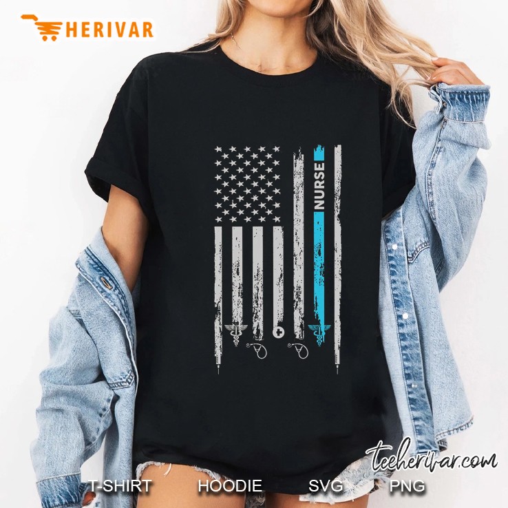 Nurse Thin Cyan Line American Flag Grunge Version Hoodie