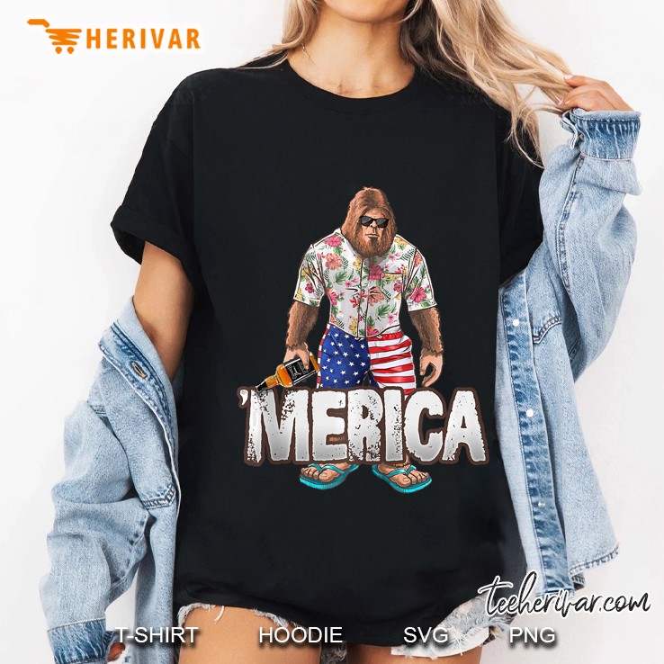 Bigfoot Usa Flag Shorts & A Hawaiian Shirt Carrying Whiskey Tank Top Hoodie