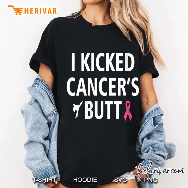 Womens I Kicked Cancers Butt Survivor Pink Ribbon Awareness Gift V-Neck Ladies Tee