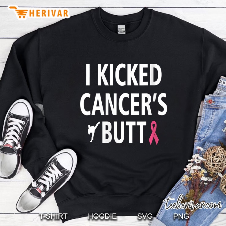 Womens I Kicked Cancers Butt Survivor Pink Ribbon Awareness Gift V-Neck Sweatshirt