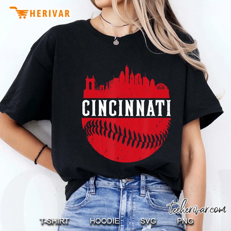 Vintage Cincinnati Baseball Skyline Retro Red Gift Ladies Tee