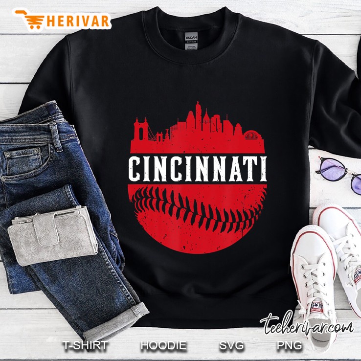 Vintage Cincinnati Baseball Skyline Retro Red Gift Sweatshirt
