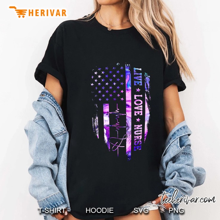 Live Love Nurse Heartbeat Colorful American Flag Version Ladies Tee