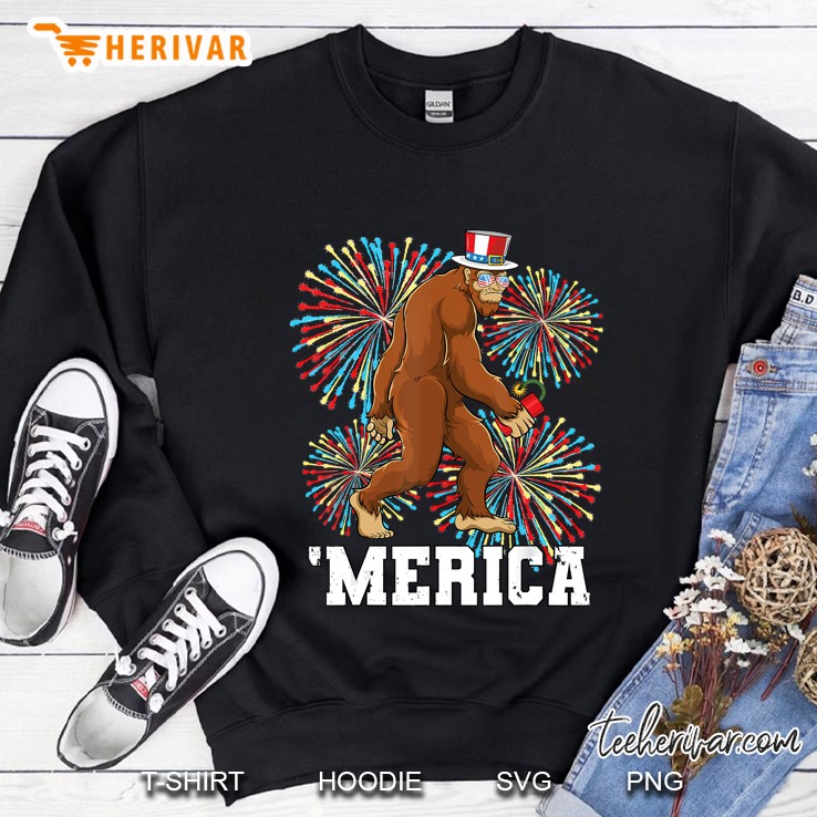 Bigfoot 4Th Of July Shirt Merica Uncle Sam Hat Fireworks Mugs