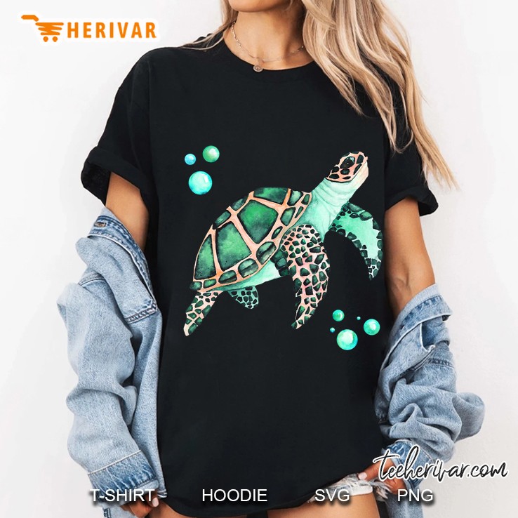Big Sea Turtle, Hand Drawing Watercolor Illustration Ladies Tee