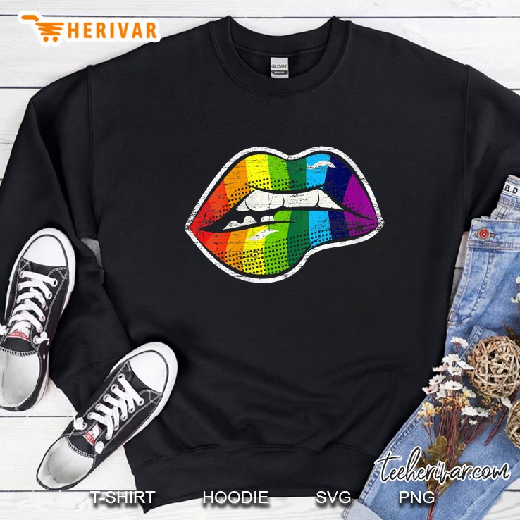 Womens Gay Pride Month Kissing Lips Rainbow Flag Lgbt V-Neck Sweatshirt